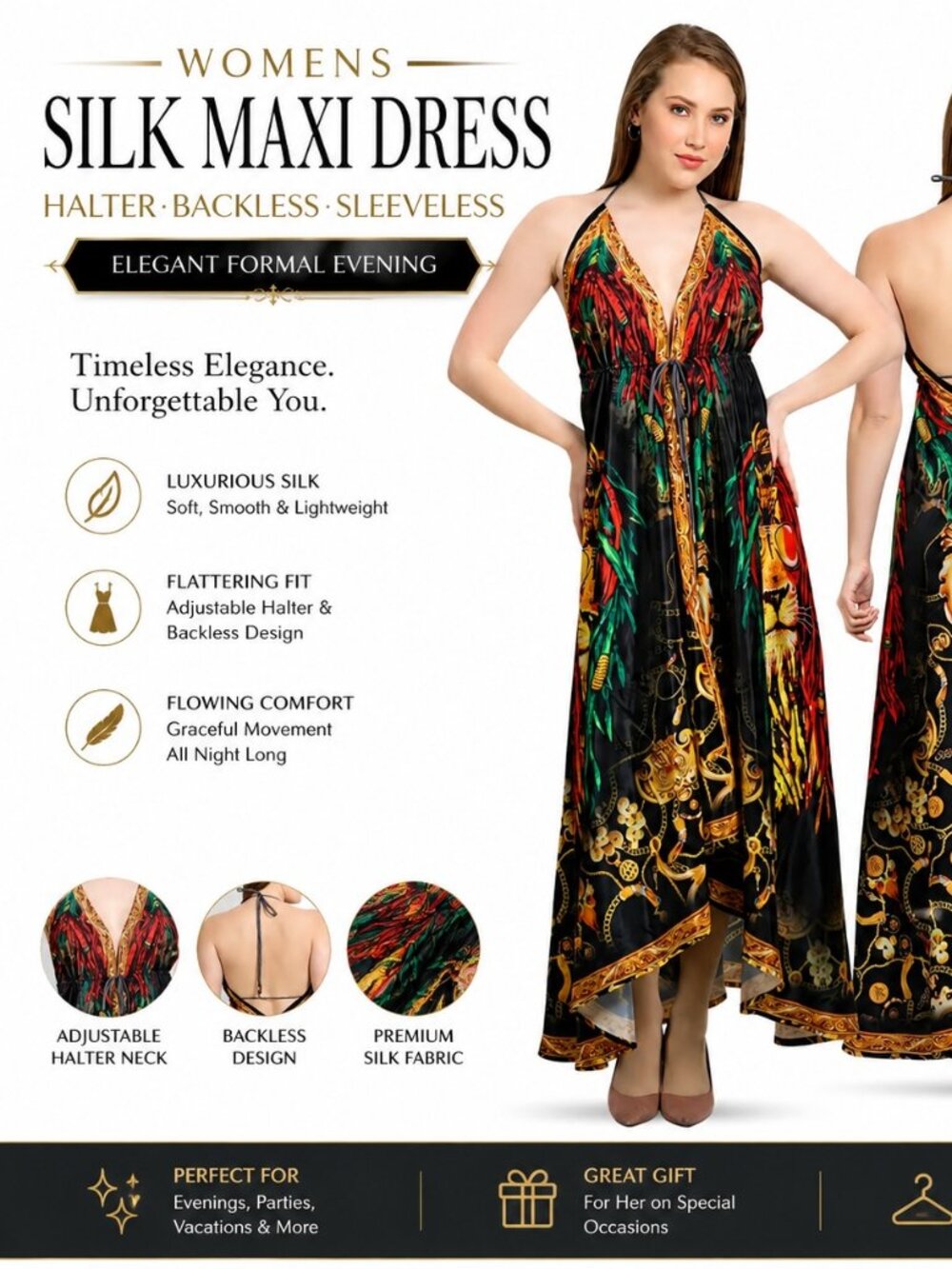Baroque Print Silk Maxi Dress Halter Backless Luxury Resort Vacation Gown - Picture 4 of 4